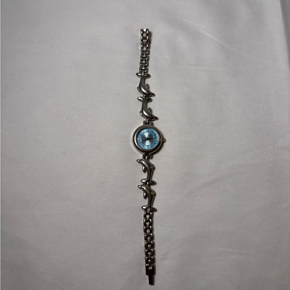 Silver Dolphin Bracelet Watch with Blue Dial